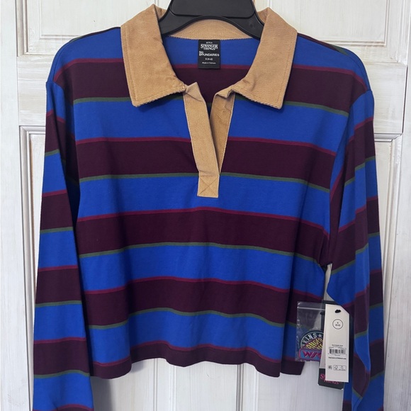 Netflix Tops - Netflix Stranger Things Cotton Rugby Polo with Blue and Burgundy Stripes.